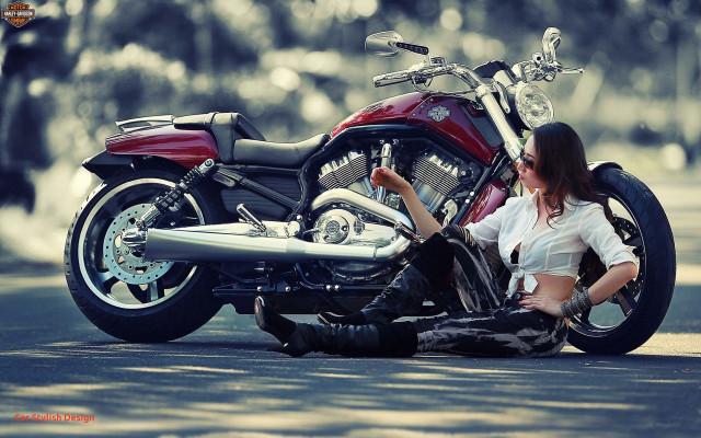 Woman sitting ground motorcycle next free wallpaper for desktop - medium preview image