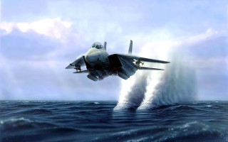 Fighter jet ocean cloudy splash 2 - a jet free wallpaper for desktop