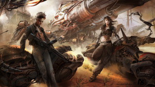 Couple motorcycle desert giant machine - a giant robot in the background free wallpaper for desktop