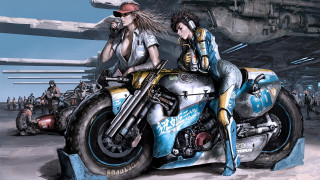 Biker girls motorcycle ship cyberpunk - a couple of women free wallpaper