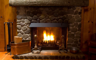 Fireplace fire woodbucket woodenfloor brickwall - movement free wallpaper