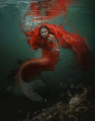 Woman red dress swimming underwater - free fantasy wallpaper for mobile