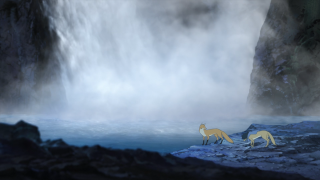 Waterfall mountains animals fog sky - don bluth free wallpaper for desktop