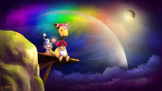 Giraffe dog bridge rainbow sky - storybook illustration free wallpaper