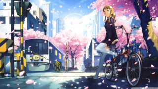 Woman bike street train pink - a train in the background free wallpaper