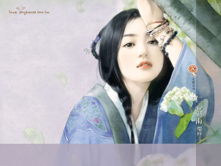 Woman blue kimono holding flower 2 - art station free wallpaper