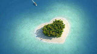 Heart shaped island ocean boat - ecological art free wallpaper