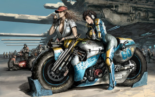 Women motorcycle aircraft hangar people - a motorcycle in front free wallpaper