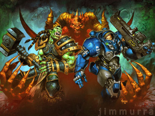 Warhammers fighting demon cave giant - alex horley free wallpaper