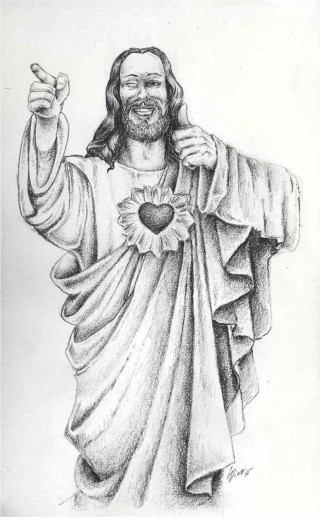 Jesus holding heart cross smiling - a charcoal drawing free wallpaper for mobile