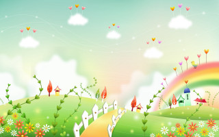 Colorful landscape house hill flowers - surreal design free wallpaper