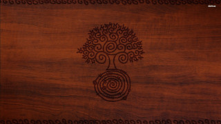 Wooden table tree spiral design - brian and wendy froud free wallpaper