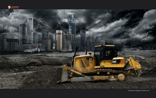 Bulldozer parked field city storm - deconstructivism free wallpaper for desktop