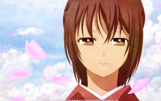 Anime brownhaired browneyes pinkpetals sky - pink petal free wallpaper
