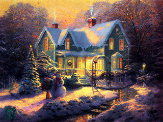 House snowman person standing outside - an oil painting free wallpaper for desktop
