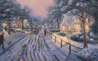 Snowy street person walking dog - an oil painting free wallpaper for desktop