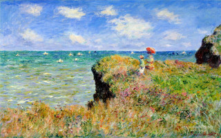 Person umbrella cliff ocean boats - claude monet free wallpaper