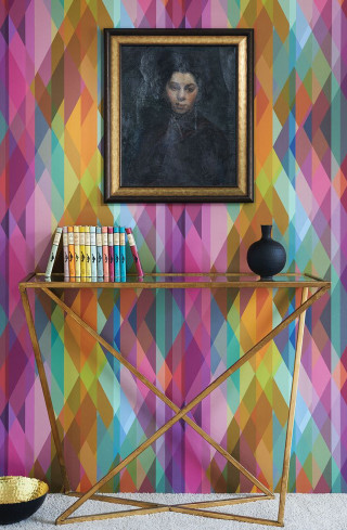 Woman painting wall table books - iridescent accent free wallpaper
