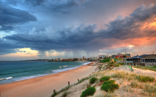 Beach cloudy sky buildings grass - grass and bushes free wallpaper