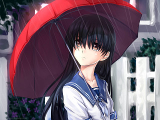 Girl red umbrella rain white - blue jeans free wallpaper