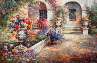 Garden flowers vase road building - a painting of a garden free wallpaper