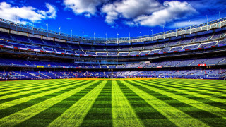 Baseball stadium green field blue - blue sky in the background free wallpaper