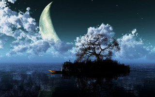 Boat floating water moon clouds - dreamlike free wallpaper