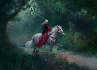 Man horse forest red cape - a detailed painting free wallpaper