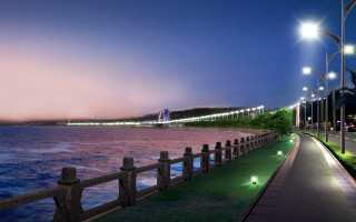 Walkway water night lights bridge - vray free wallpaper for desktop
