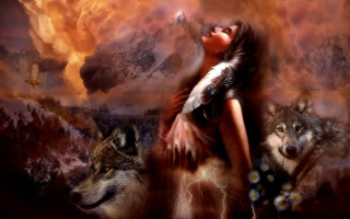 Woman feather wolves sky clouds - nature free wallpaper