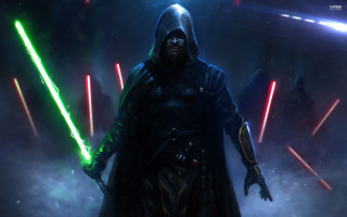 Man dark suit holding lightsabers - cinematic concept art free wallpaper for desktop