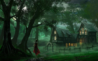 Woman red dress house woods - andreas rocha free wallpaper for desktop