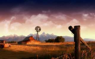 Farm barn windmill cloudy sky - in the foreground free wallpaper