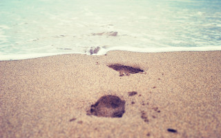 Footprints sand beach ocean waves - free beach wallpaper
