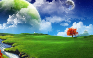 Tree stream green field moon 4 - a moon in the sky above free wallpaper