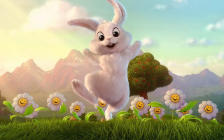 Cartoon bunny jumping field flowers 3 - a cartoon bunny free wallpaper