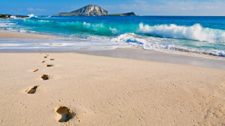 Beach wave footprints sand water - footprint free wallpaper