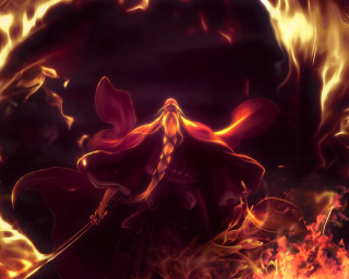 Woman red cape flames sword - baiōken eishun free wallpaper for desktop