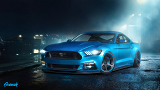 Blue mustang night fog city - realistic free wallpaper for desktop