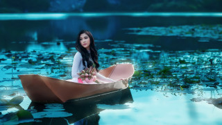 Woman boat lily pads watercolor - a blue sky background free wallpaper for desktop