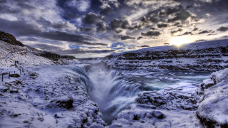 Waterfall snow rocks cloudy sky - the cloud above free wallpaper for desktop