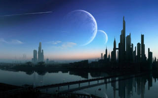Futuristic city large moon distant - a futuristic city free wallpaper