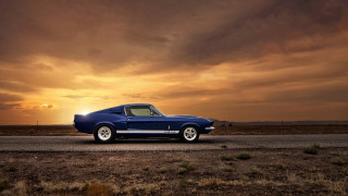 Blue mustang car sunset cloudy - free sunset wallpaper for desktop