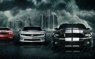 Three cars rain city skyline - three car free wallpaper