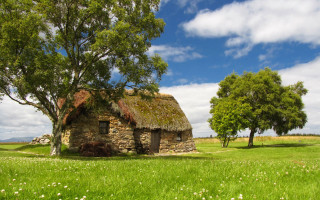 Stone house grass roof tree 2 - flora macdonald reid free wallpaper for desktop