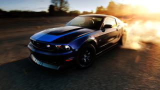 Blue mustang driving road smoke - hood free wallpaper for desktop