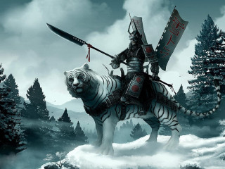 Man riding white tiger forest 2 - epic fantasy character art free wallpaper for desktop