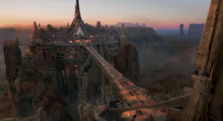 Futuristic city bridge sunset mountain - free sci-fi wallpaper for desktop