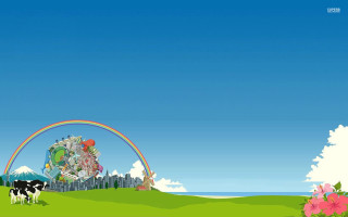 Cartoon cow rainbow castle background - a cartoon scene free wallpaper