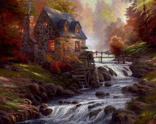 House stream bridge waterfall foreground - an oil painting free wallpaper for desktop